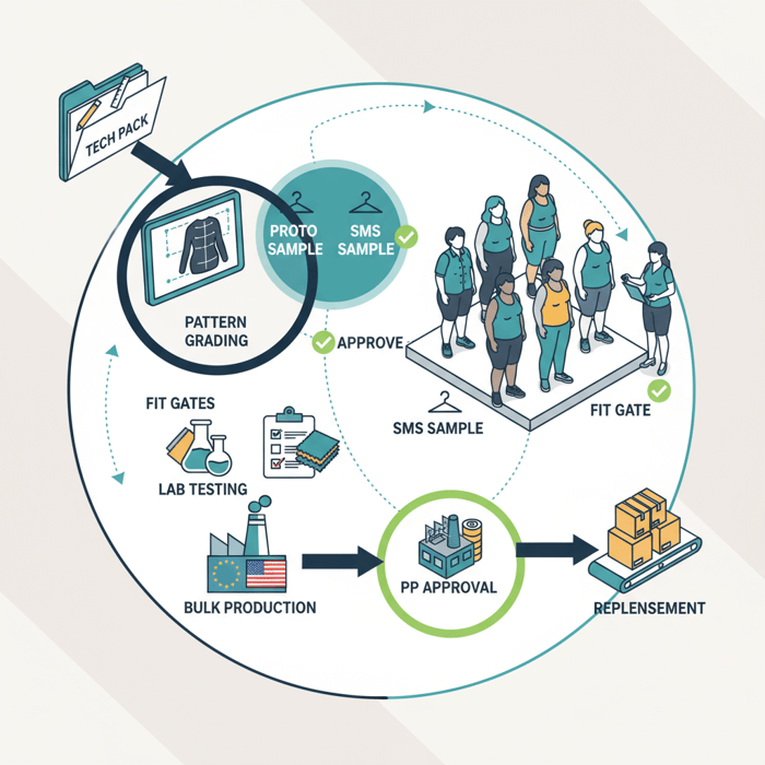 OEM workflow from tech pack to PP approval with pattern grading and fit gates for plus-size
