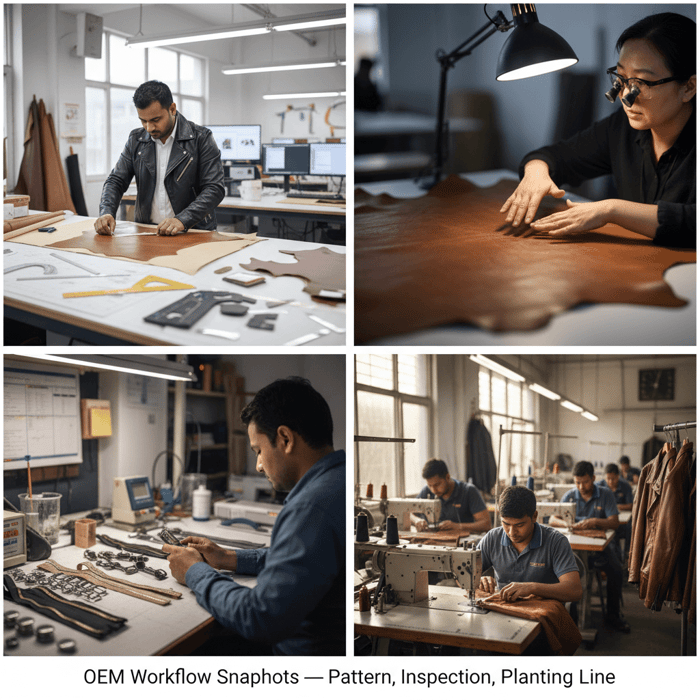 Factory capabilities collage: pattern room, leather inspection, hardware plating checks, and sample line in China/Bangladesh