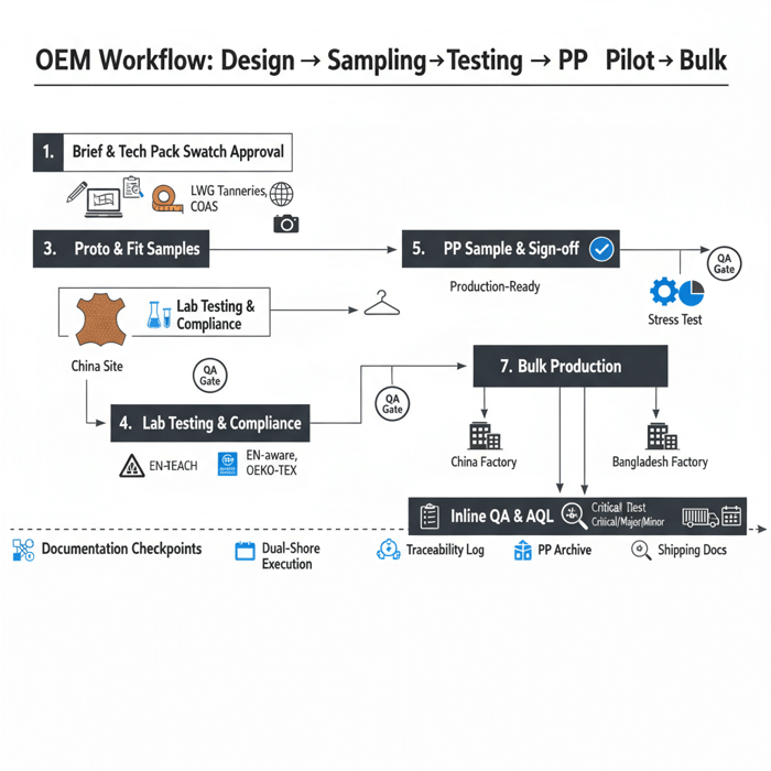 OEM workflow diagram from brief to bulk with QA gates and documentation checkpoints