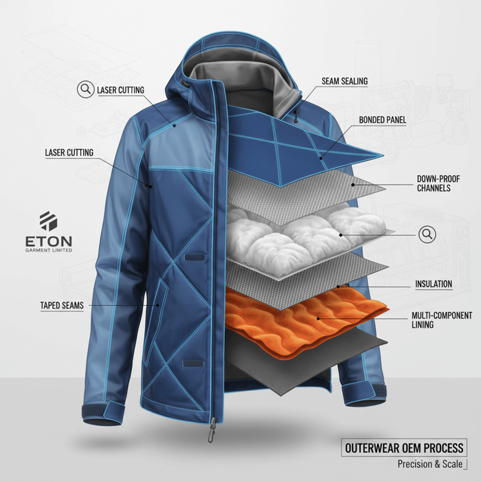 Annotated jacket construction layers illustrating seam sealing, bonding, insulation, and down-proof channels