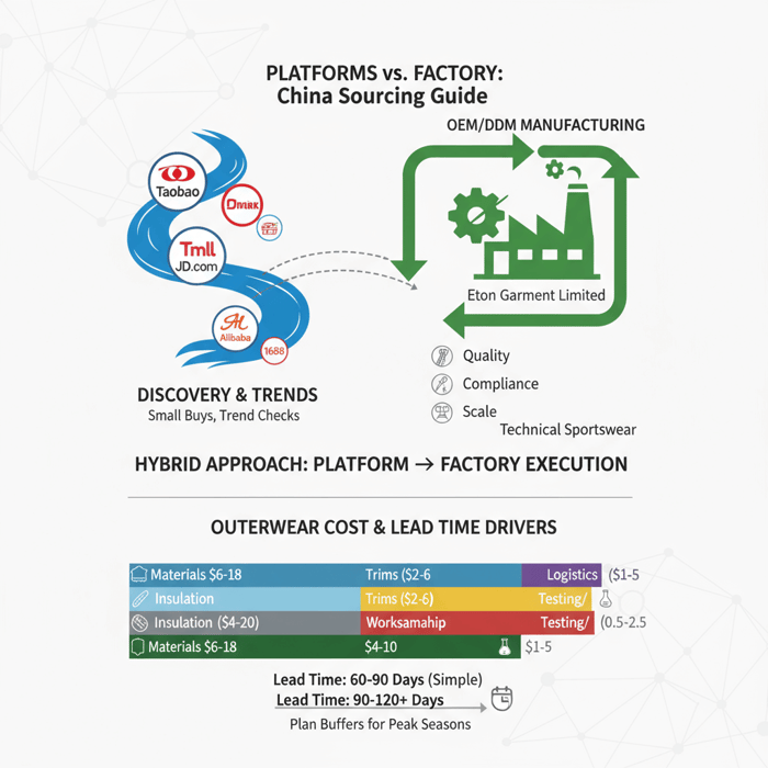 Layered bar chart concept showing outerwear cost components: materials, insulation, trims, labor, testing, logistics