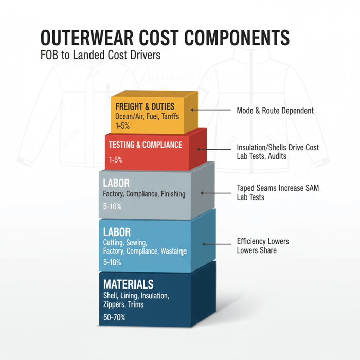 Annotated cost stack for a down or technical jacket: materials, labor, overhead, testing, logistics