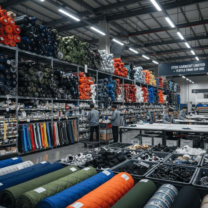 Outerwear fabric rolls and trims organized in a China garment cluster