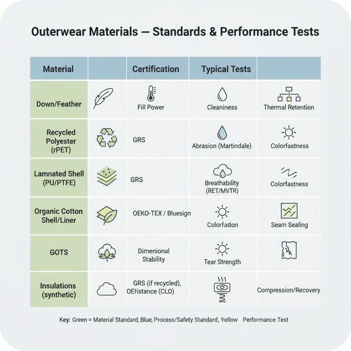 Matrix of outerwear materials mapped to certifications and lab tests