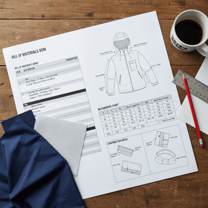 Outerwear tech pack illustrating BOM, measurement charts, and seam construction notes