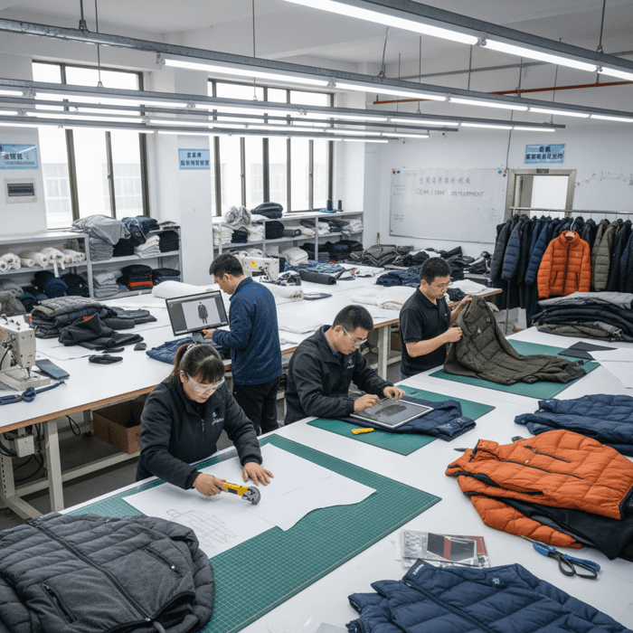 Pattern room and sample development for mens padded jackets at Eton