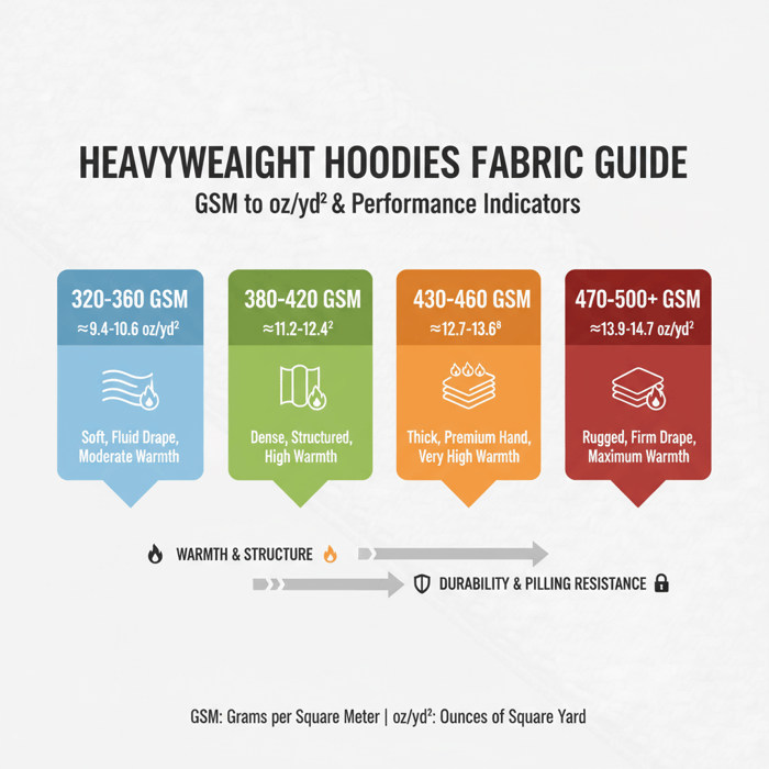 Hero visual concept showing GSM scales, hoodie tech pack highlights, and region icons for China, Bangladesh, US/EU