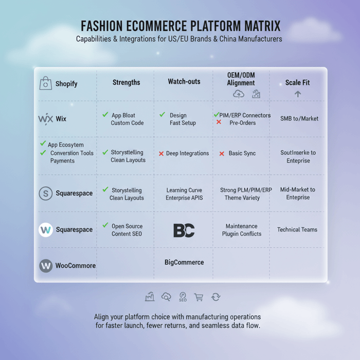 Matrix comparing Shopify, Wix, Squarespace, BigCommerce, and WooCommerce for fashion features and integrations