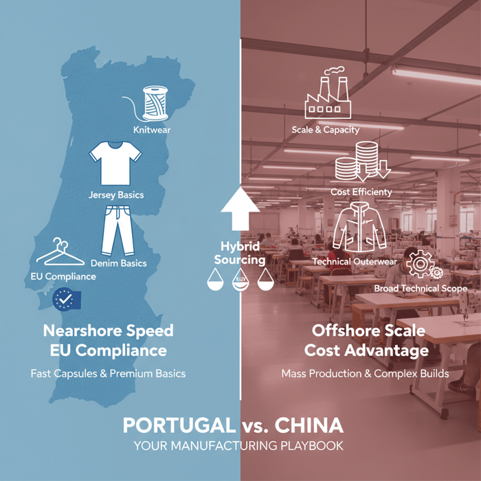 Infographic showing Portugal strengths: knitwear, jersey, denim basics, small-batch runs, EU compliance
