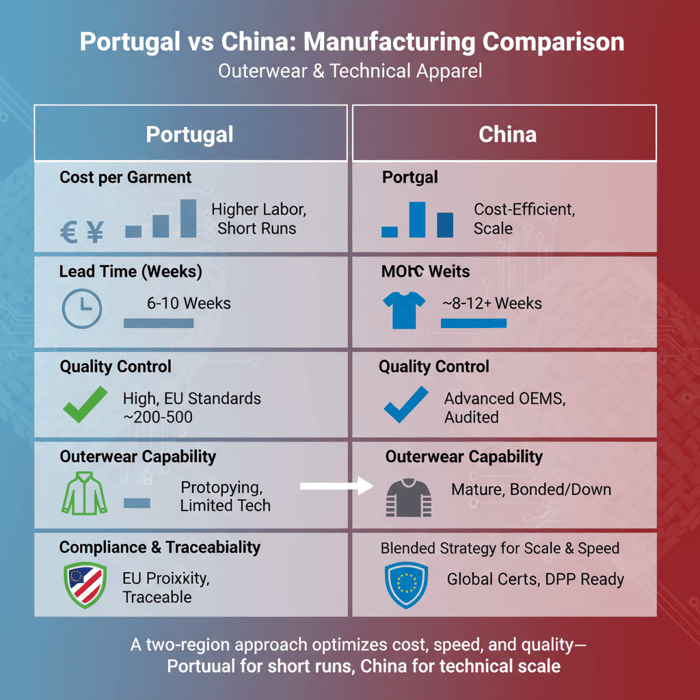 Matrix visual comparing cost, lead time, MOQ, QC, and compliance between Portugal and China