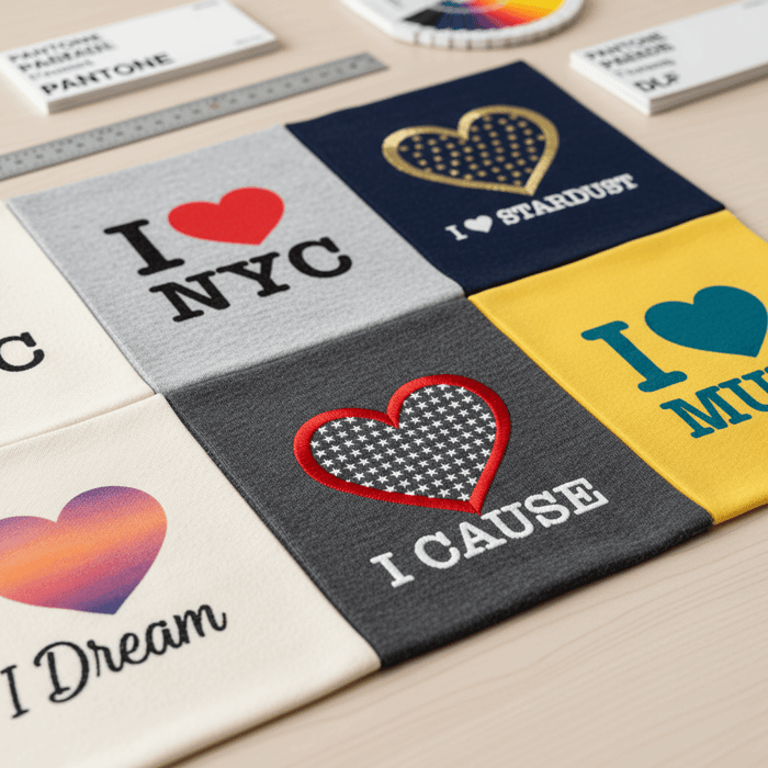 Macro swatches comparing screen, DTG, DTF, and embroidery on cotton and blends