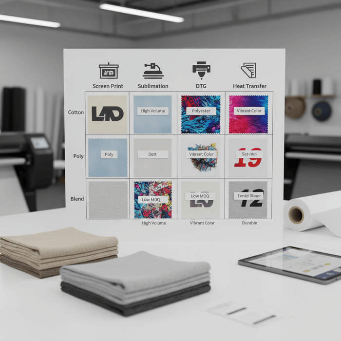 Matrix comparing screen, sublimation, DTG, and heat transfer against cotton, polyester, and blends