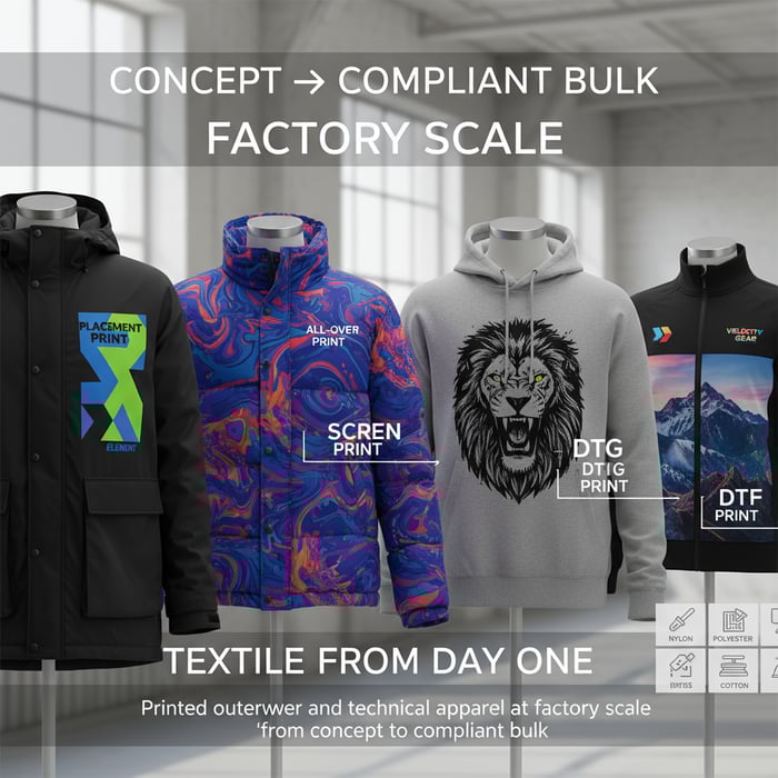 Hero jackets and tops showing placement prints and all-over prints on nylon, polyester, and cotton