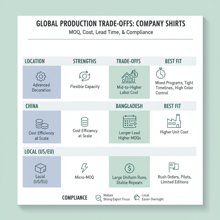 Comparison matrix showing company shirts production location trade-offs by MOQ, cost, lead time, and compliance