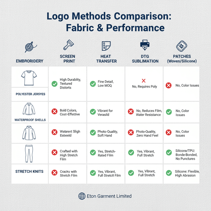 Artwork prep checklist showing vector files, Pantone callouts, size measurements, placement diagrams, and tolerances for embroidery and print