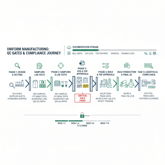 Process overview diagram highlighting QC gates and compliance documentation in uniform manufacturing