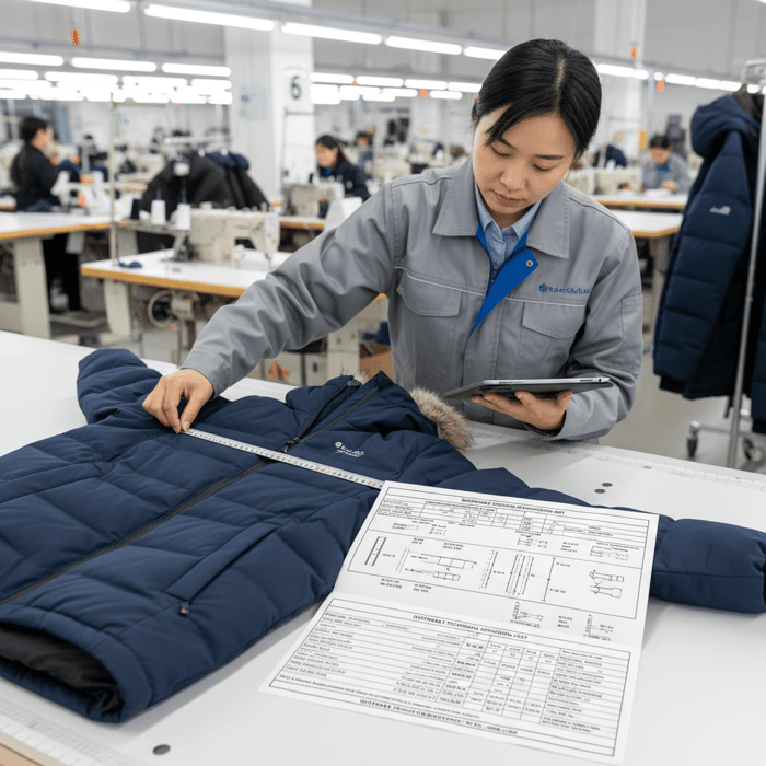 Quality control inspector checking a jacket against spec sheet tolerances