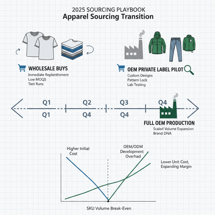 Roadmap showing transition from wholesale buys to OEM private label across quarters