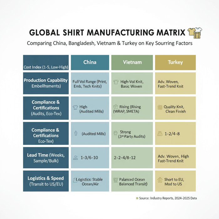 Matrix comparing China, Bangladesh, Vietnam, and Turkey on shirt manufacturing factors