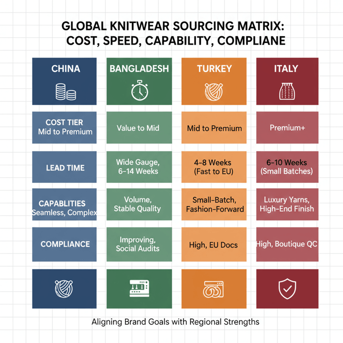 Matrix comparing China, Bangladesh, Turkey, Italy for knitwear sourcing across cost, speed, capability, compliance