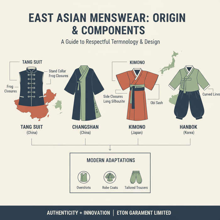 Flowchart mapping Tang suit, changshan, kimono, and hanbok to regions and core components