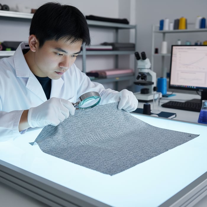 Factory engineer reviewing a moisture-wicking knit under a lightbox