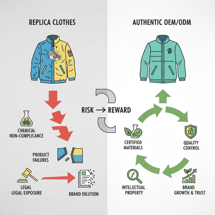 Illustration of risk chain from replica clothes: chemical non-compliance, product failures, legal exposure, and brand dilution.