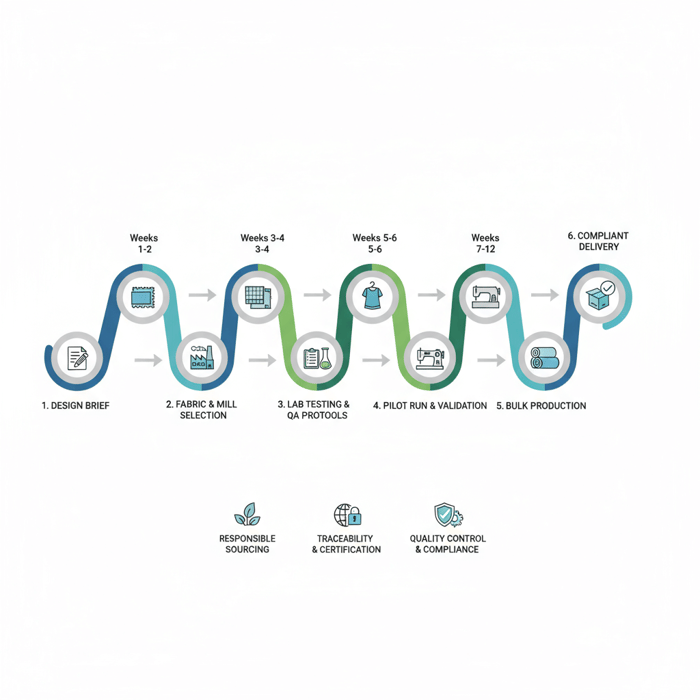 Roadmap infographic from design brief to compliant viscose bulk production