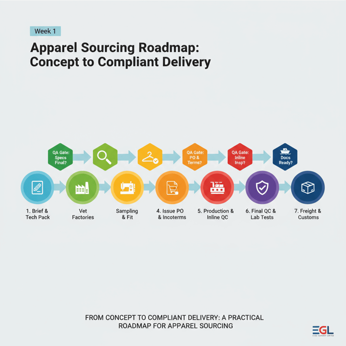 Roadmap infographic showing milestones from brief to delivery with decision gates