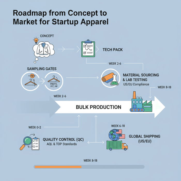 Roadmap from concept to market showing tech pack, sampling gates, production, QC, and shipping stages