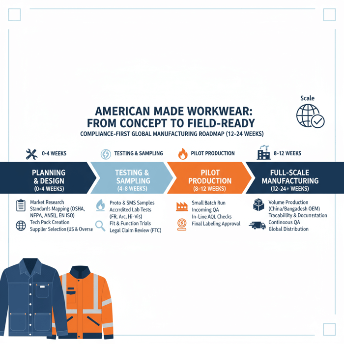 Launch roadmap timeline for a compliant workwear line covering planning, testing, pilot, and scale over 12–24 weeks