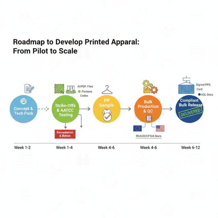 Roadmap graphic from concept to strike-offs, PP sample, and compliant bulk