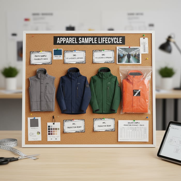 Sample development board showing proto, SMS, PPS, and golden sample with notes