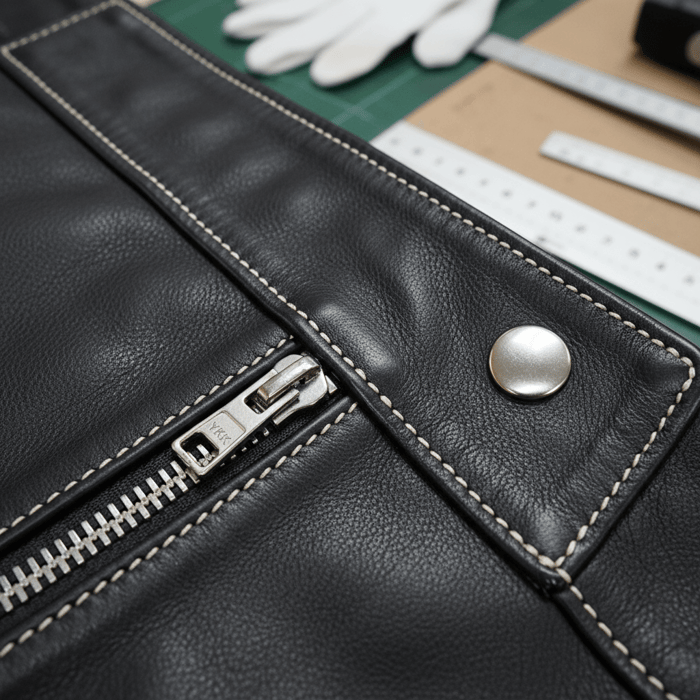 Close-up of a finished leather jacket sample with inspected seams, zippers, and plating sheen
