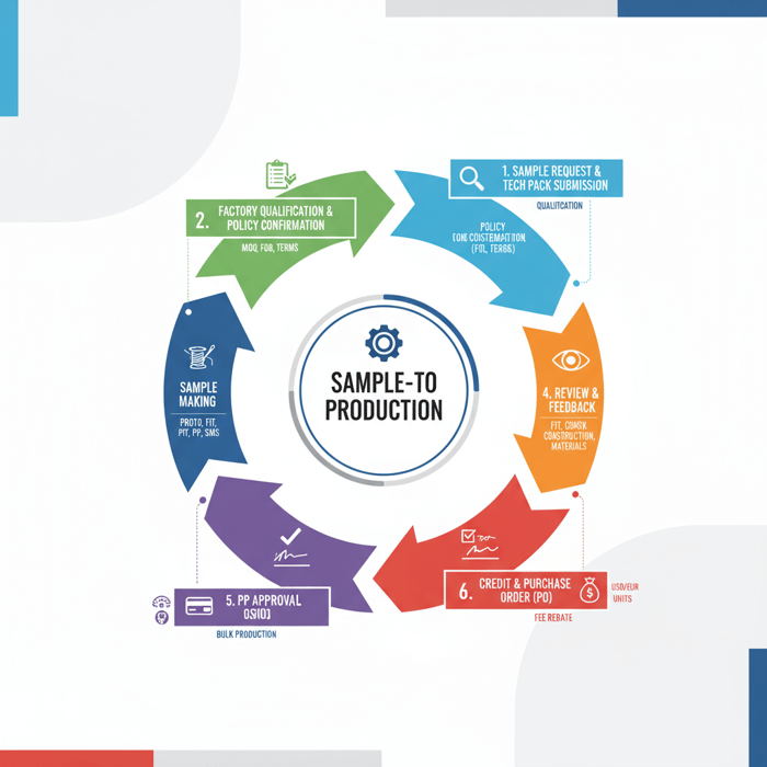 Flow diagram of apparel sampling: request, qualification, sample making, review, approval, credit/PO
