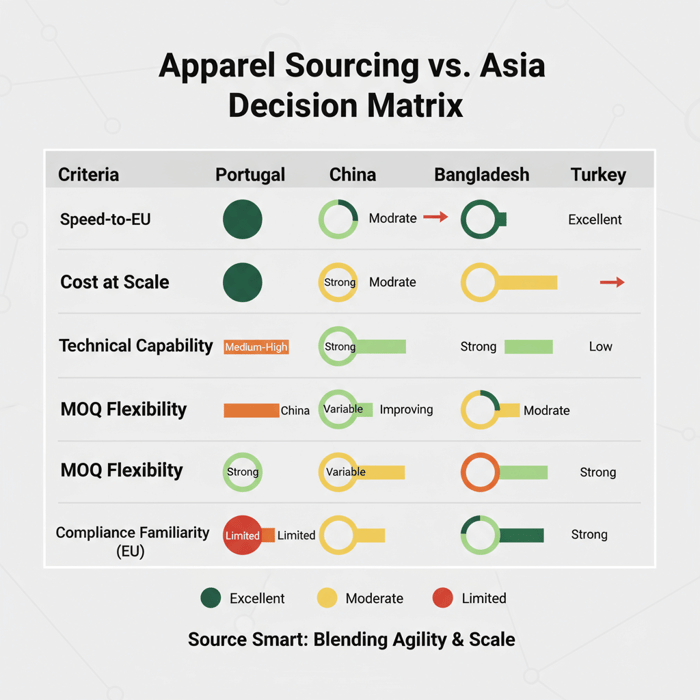 Decision matrix showing regional scores by criteria: speed, cost, capability, MOQ flexibility, compliance
