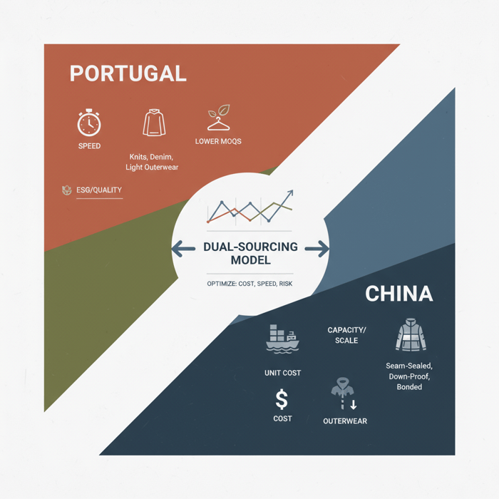 Scorecard matrix comparing Portugal and China on cost, speed, capacity, ESG