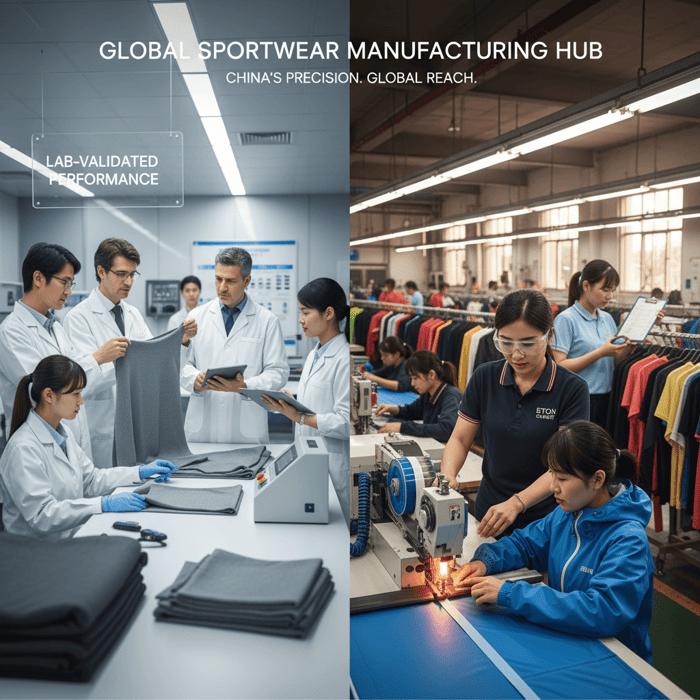 Operator taping seams on a waterproof shell in Eton’s China facility