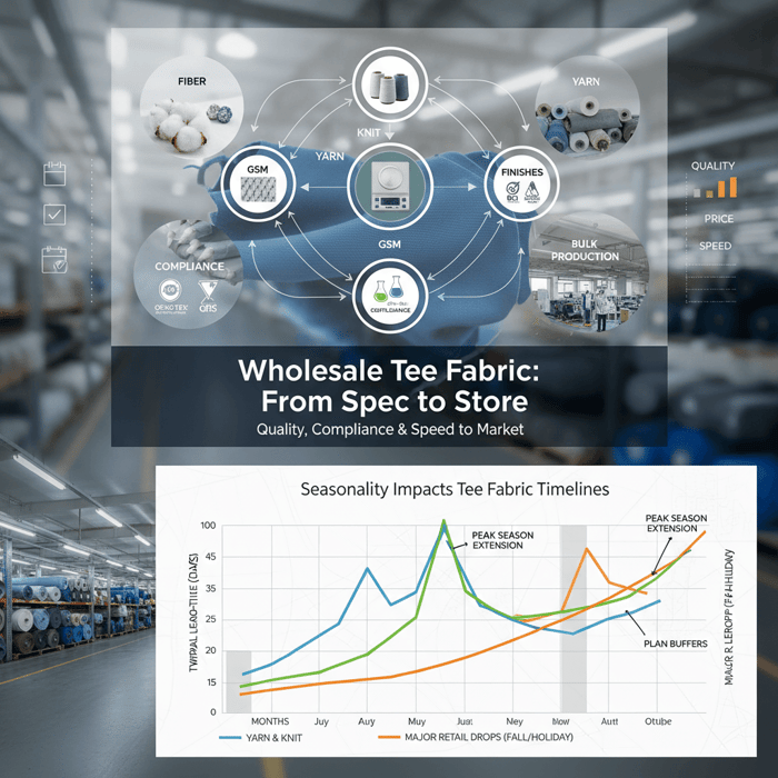 Line chart: lead-time index by month shows peak-season extensions in dye and finish stages
