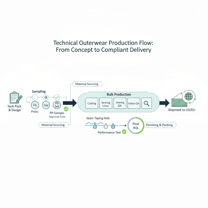 Factory workflow diagram showing sampling, PP approvals, inline inspections, and AQL gates for outerwear