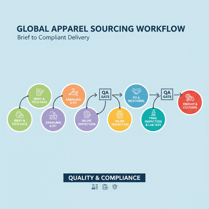 Process flowchart showing seven stages from brief to delivery, with QA gates
