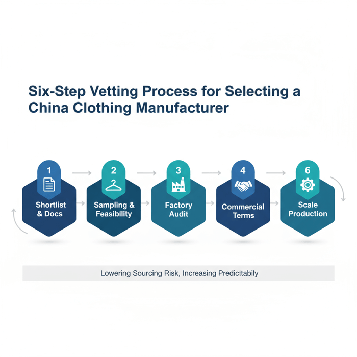 Workflow diagram with six steps: shortlist, docs, samples, audit, pilot, contract