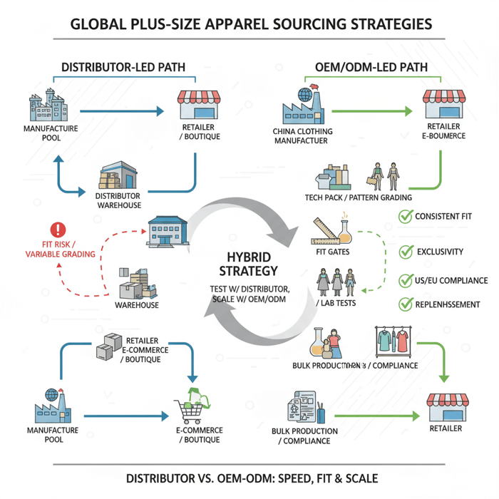 Conceptual diagram comparing distributor-led and OEM/ODM-led sourcing paths with fit and compliance checkpoints