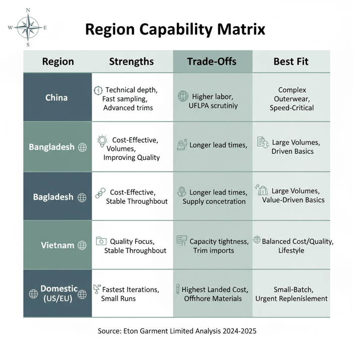 Region capability matrix comparing China, Bangladesh, Vietnam, and domestic for outerwear