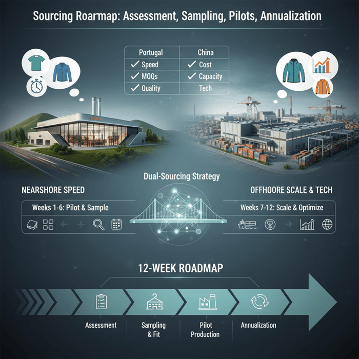 Roadmap timeline from assessment to dual-sourcing scale-up over 12 weeks