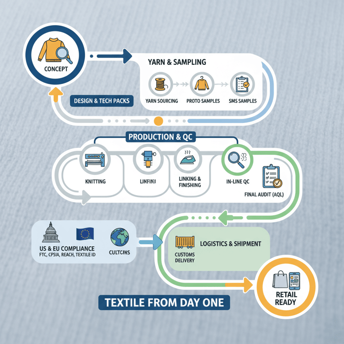 Roadmap infographic summarizing stages from concept to compliant knitwear shipment