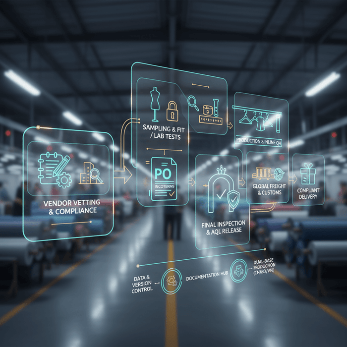 Hero diagram of apparel sourcing workflow from brief and tech pack to compliant delivery