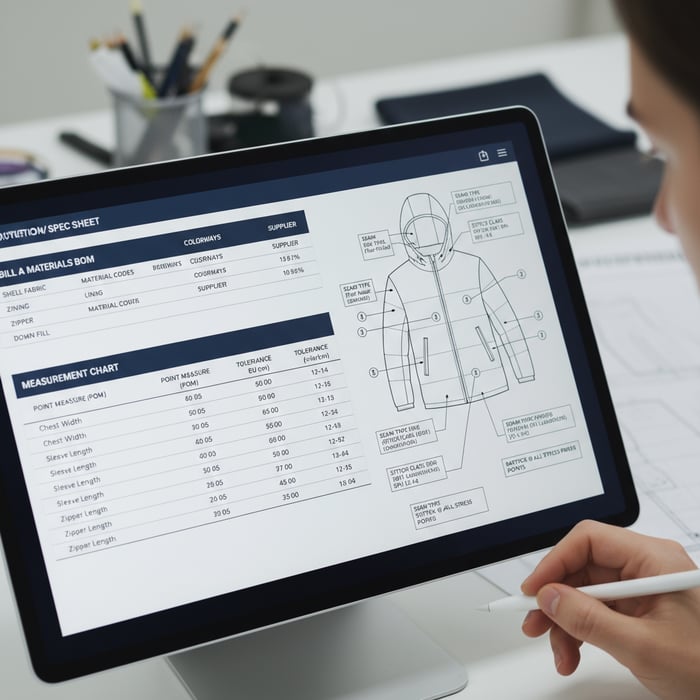 Spec sheet close-up showing BOM, measurements, and stitch specifications