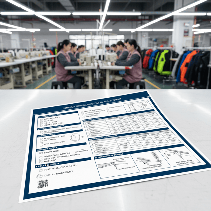 Compliance checklist integrated into a garment spec sheet