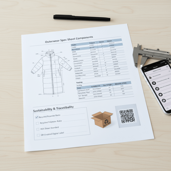 Recyclable packaging and QR-enabled care labels specified in a garment spec sheet